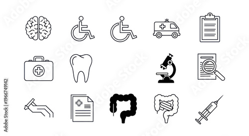 Medical Icons Set: Brain, Wheelchair, Ambulance, Tooth, Microscope, Syringe