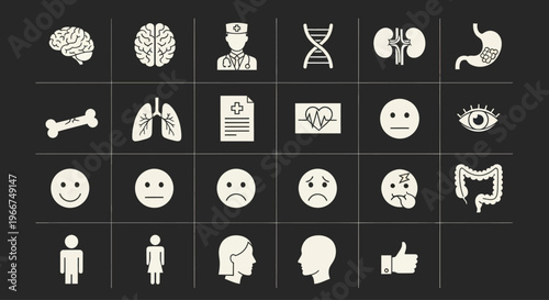 Medical Icons Set: Body Organs, Health Symbols, Emotions, and People