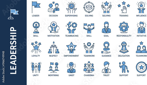 Professional Leadership and Management Icon Set Featuring Business Skills Teamwork Motivation Mentoring Strategy Guidance Responsibility and Corporate Success Character Vector