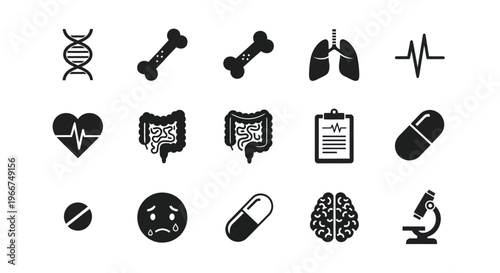 Medical Icons Set: DNA, Bones, Lungs, Heart, Brain, Organs, Pills, Health