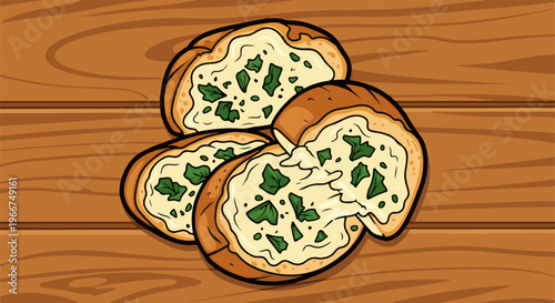 Delicious cheesy garlic bread with herbs on a wooden table