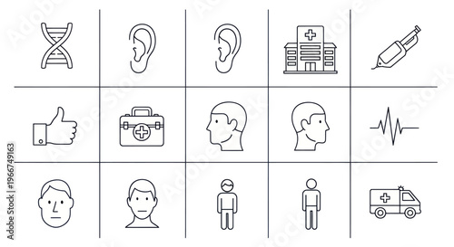 Medical Icons Set: DNA, Ear, Hospital, First Aid, Ambulance, Human Head, Heartbeat