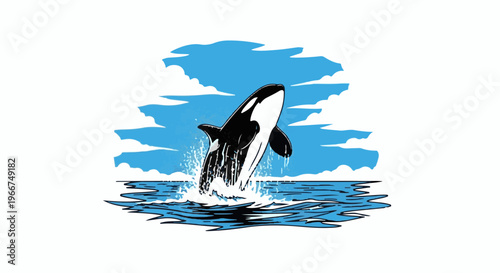 Orca whale breaches from ocean water against a blue sky