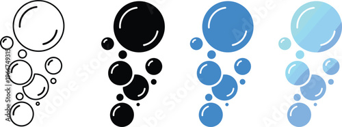 Set of Bubble Icons and Water Droplets in Four Unique Design Styles Including Line Art Silhouette Solid Blue and Gradient