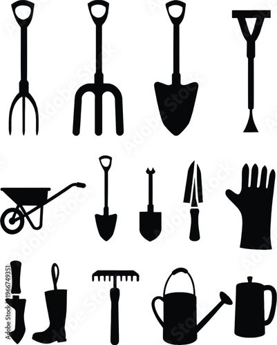 Collection of classic gardening tools and equipment arranged in a row
