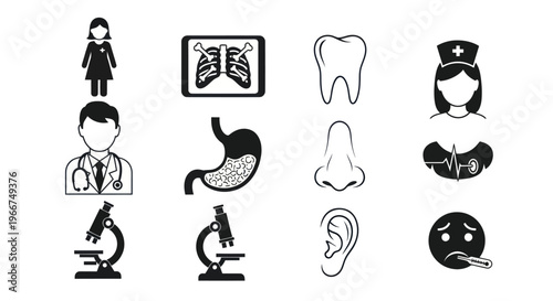 Medical Icons Set: Doctor, Nurse, X-ray, Tooth, Stomach, Microscope, Ear, Nose