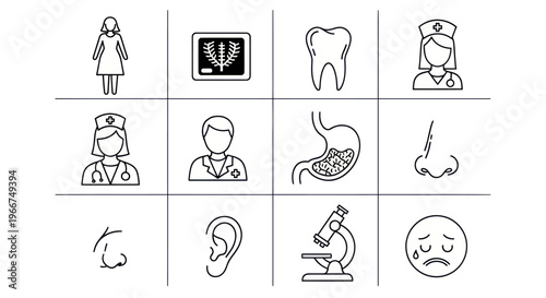 Medical Icons Set: Doctor, Nurse, Tooth, Stomach, X-ray, Microscope, Human Body