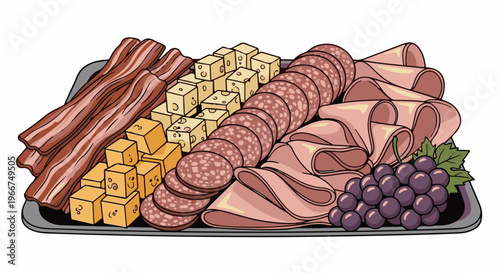 An artistic rendering of a charcuterie board with meat, cheese, and grapes
