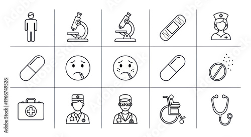 Medical Icons Set: Health, Healthcare, Doctor, Nurse, Microscope, Pills, First Aid