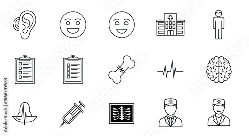 Medical Icons Set: Health, Hospital, Brain, Bone, Syringe, Doctor, Ear, Face