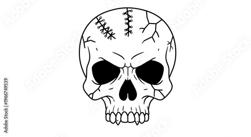 A stylized black and white illustration of a skull with stitched-together cracks on its forehead, conveying a spooky or Halloween theme
