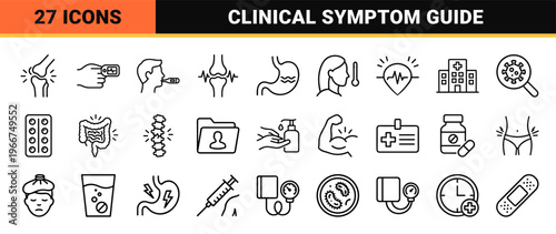 Medical Symptoms and Healthcare Diagnostic Line Art Featuring Minimalist Geometric Icons for Disease Awareness and Clinical Education