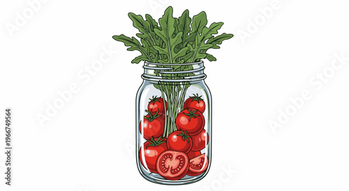 Fresh tomatoes and greens preserved in a glass jar for healthy eating