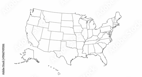 Outline map of the United States of America showing the borders of all states and the District of Columbia