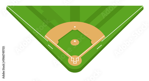 Geometric illustration of an empty baseball diamond from an aerial perspective, featuring the infield, pitcher's mound, and bases, ideal for sports graphics and game design