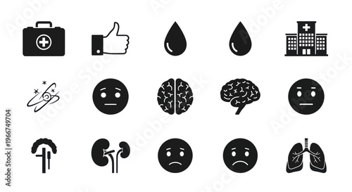 Medical Icons Set: Health, Brain, Lungs, Kidneys, Hospital, First Aid, Sad Faces
