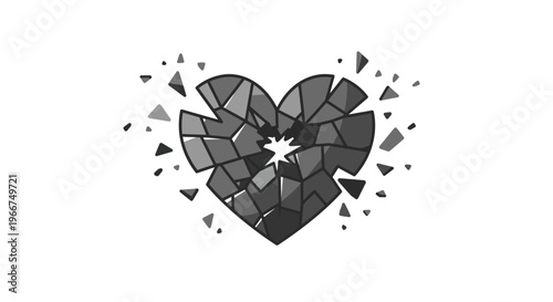 A graphic illustration of a broken heart, shattered into geometric fragments, symbolizing deep emotional pain, heartbreak, and distress in a monochrome, abstract design