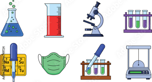 Laboratory and Science Equipment Icons Set Featuring Flask, Microscope, Test Tubes, Pipette, Periodic Table, and Lab Equipment for Research and Chemical Analysis Concepts