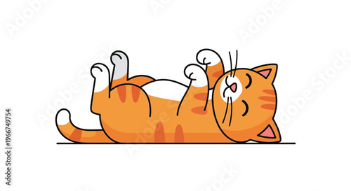 Adorable orange tabby cat lying on its back, playfully exposing its belly, with closed eyes and a content expression