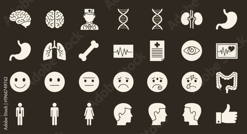Medical Icons Set: Health, Science, and Emotions on Dark Background