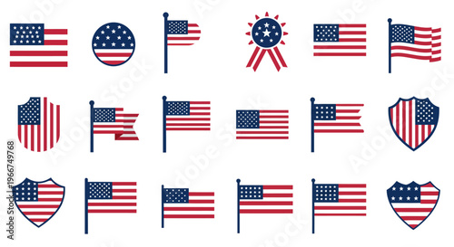 A comprehensive collection of diverse American flag and shield icons, showcasing various styles and designs to represent national pride and unity in the United States