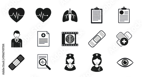 Medical Icons Set: Health, Care, Diagnosis, and Treatment Symbols
