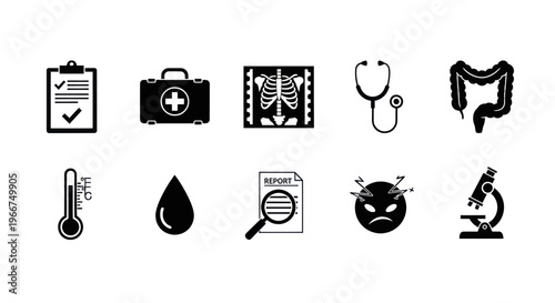 Medical Icons Set: Health, Diagnosis, and Treatment Symbols