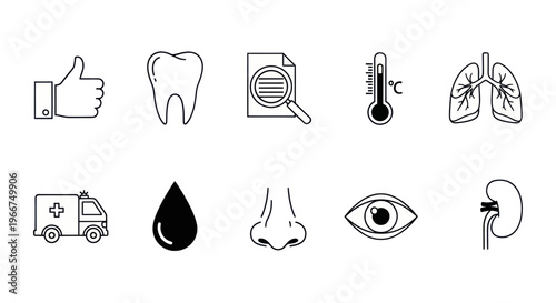 Medical Icons Set: Health, Diagnosis, Body Organs, and Care Symbols
