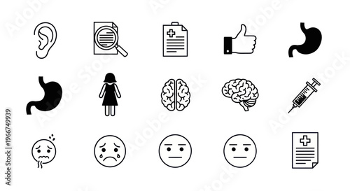 Medical Icons Set: Health, Diagnosis, Emotions, Anatomy, and Treatment Symbols