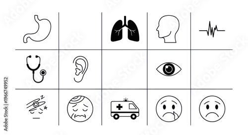 Medical Icons Set: Health, Diagnosis, Emergency, and Symptoms
