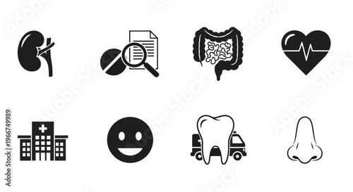 Medical Icons Set: Health, Diagnosis, Organ, Heart, Hospital, Smile, Tooth, Nose