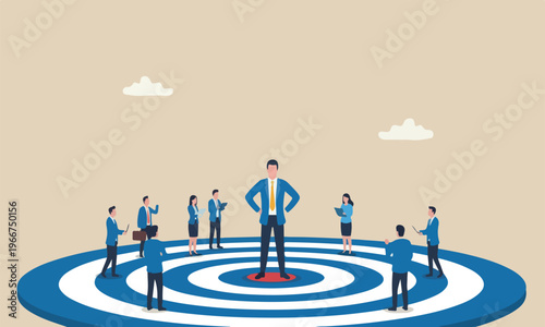 Miniature of is, and minimal shading confident businessman standing at the center of dartboard as business goal achievement concept