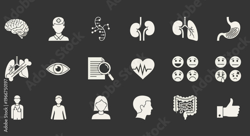 Medical Icons Set: Health, Science, and Human Anatomy - White on Dark Background