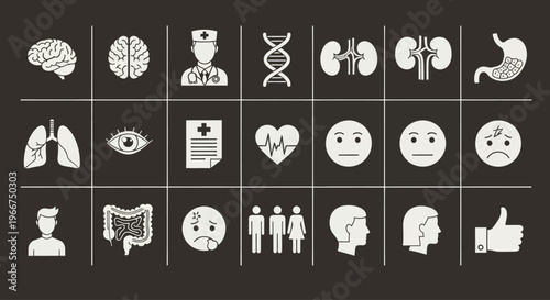 Medical Icons Set: Health, Science, and Human Body Icons on Dark Background