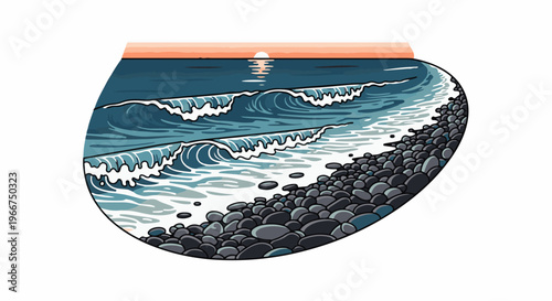 Pixel art sunset over wavy ocean with pebble beach