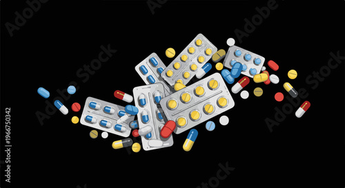 Assortment of colorful pills and capsules scattered on a black background