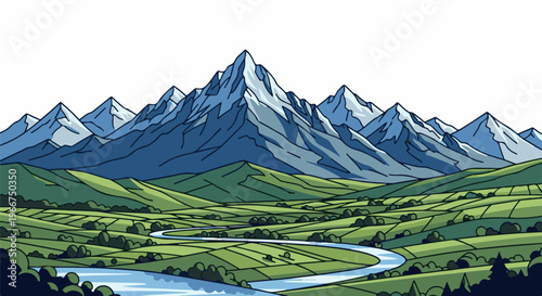 Majestic snow-capped peaks overlook rolling green hills and a winding river