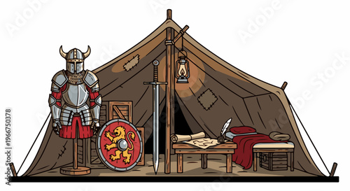 Knight's tent with armor, sword, shield, bed, and writing desk