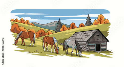 Autumn landscape with horses grazing near a rustic log cabin