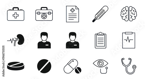 Medical Icons Set: Healthcare, Diagnosis, Treatment, and Health Symbols