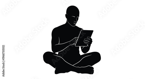 Man sitting cross-legged holding a tablet in a simple vector graphic illustration design