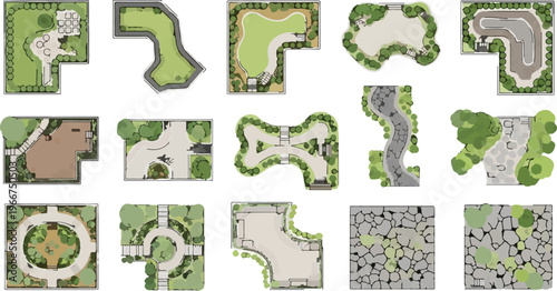 Landscape design elements set, 15 garden plan vector icons, architectural site mapping symbols for backyard landscaping and park layout design