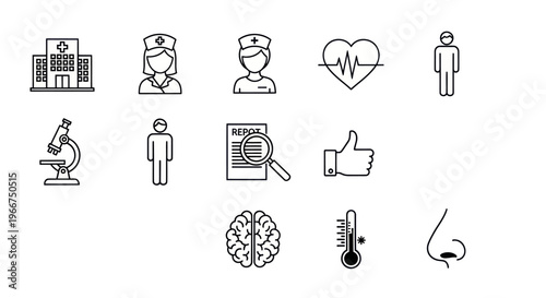 Medical Icons Set: Hospital, Nurse, Heartbeat, Brain, Microscope, Health Check