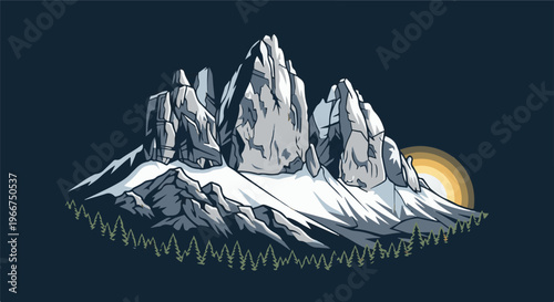 Pixelated mountain range with a rising sun over pine trees at dusk