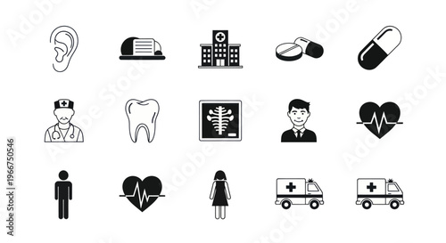 Medical Icons Set: Healthcare, Doctor, Hospital, Ambulance, Tooth, Heartbeat, Ear