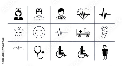 Medical Icons Set: Healthcare, Doctor, Nurse, Ambulance, Heartbeat, Stethoscope, Ear