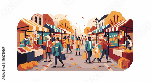 Busy outdoor market with vendors and shoppers in autumn