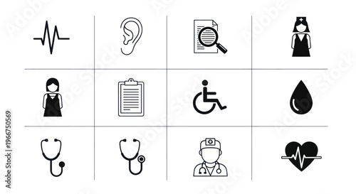 Medical Icons Set: Healthcare, Doctor, Nurse, Stethoscope, Heartbeat, Blood Drop