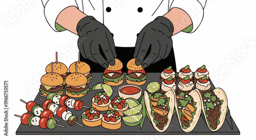Chef arranging a platter of mini burgers, tacos, skewers, and appetizers
