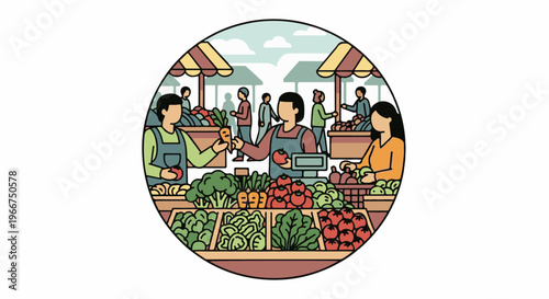 People buy fresh produce at a vibrant outdoor market stall